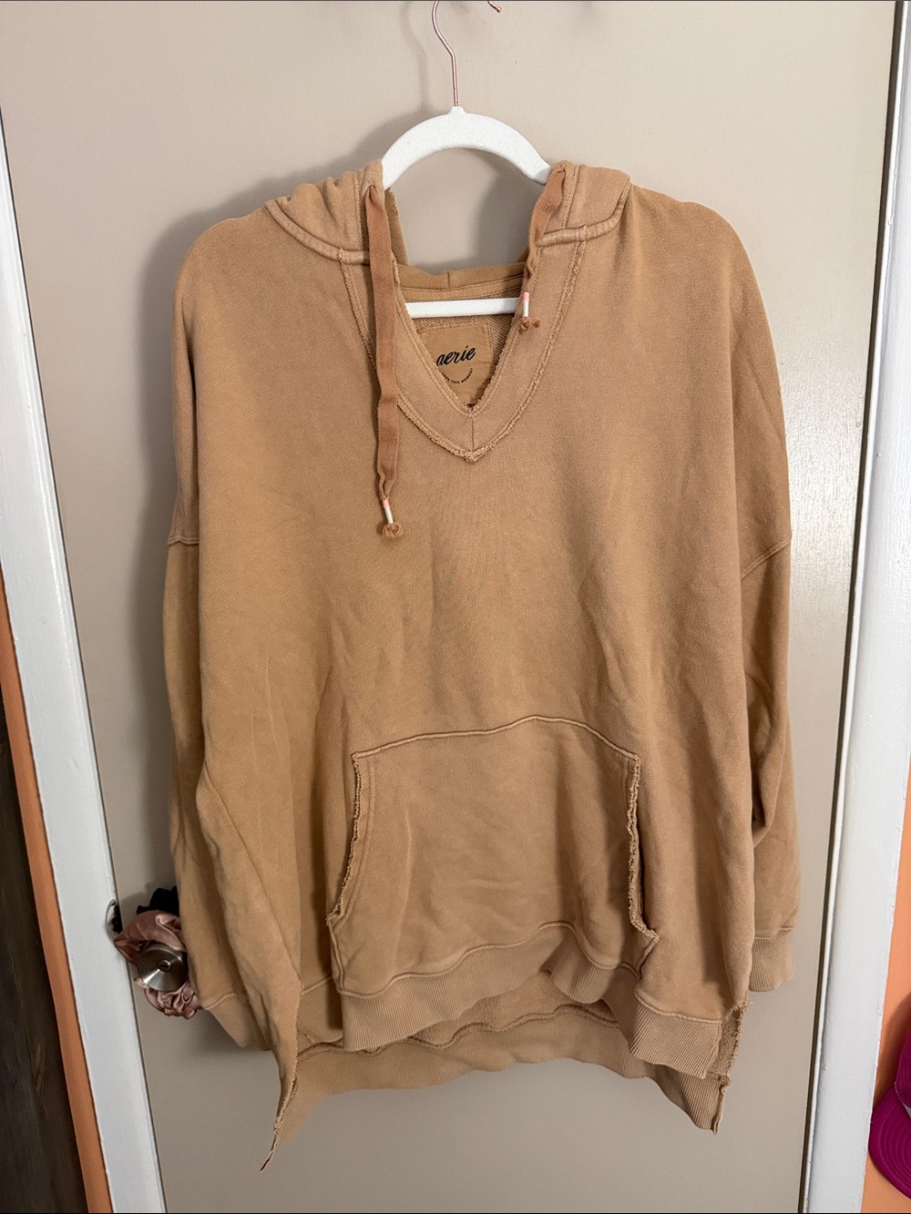 aerie V-Neck Hooded Pullover Sweater in Tan
